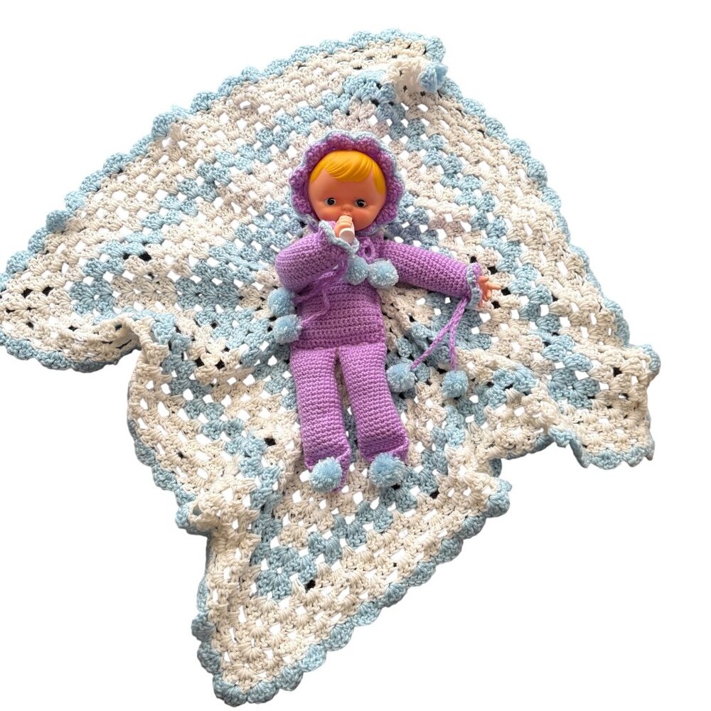 Vintage Handmade Crochet Baby Doll With Blanket